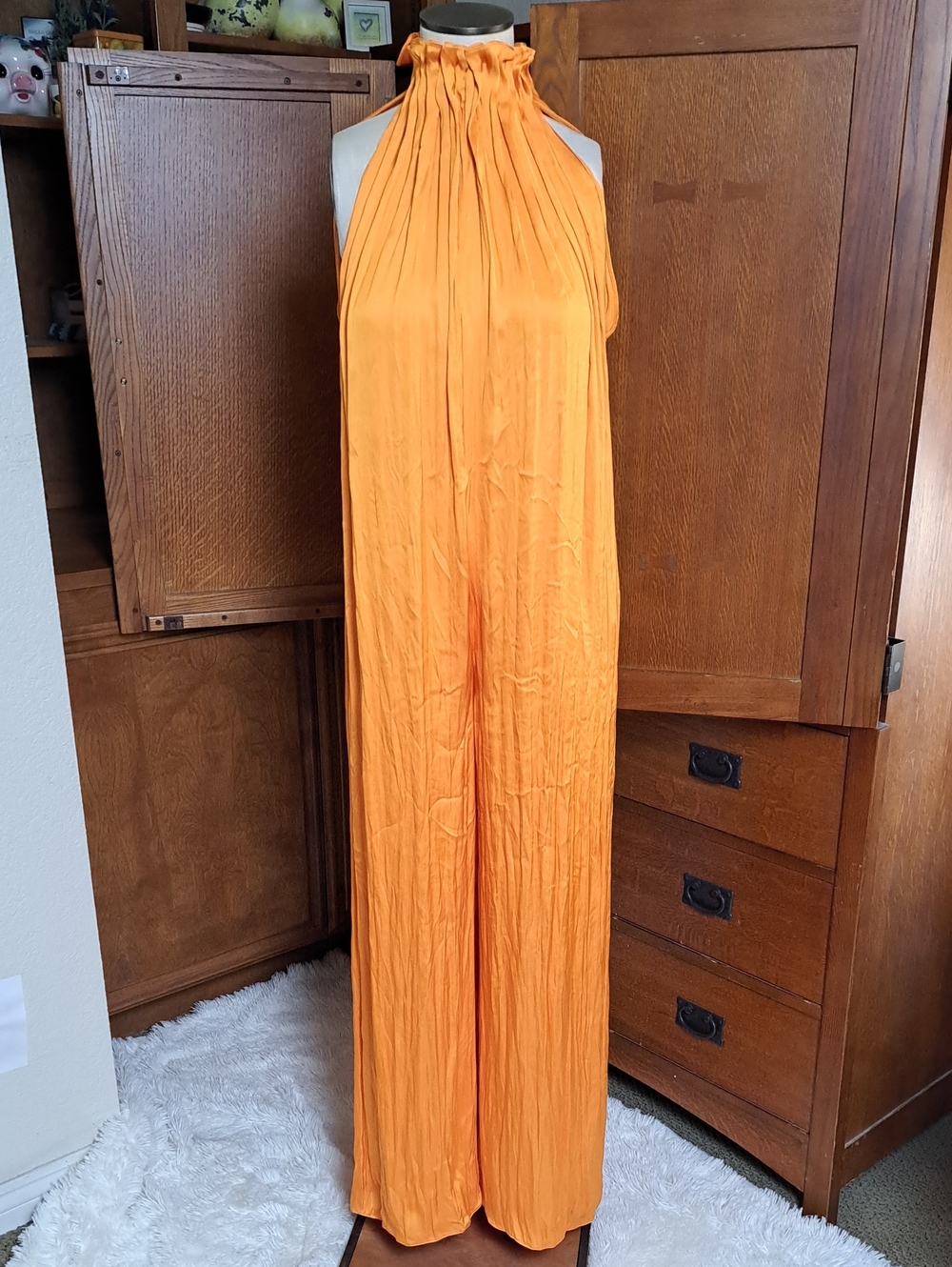 Zara ZW Collection Orange Satin Halter Wide Leg Jumpsuit XS NWT